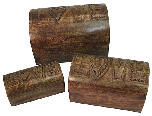 Mango Wood Love Design Set Of 3 Domed Boxes
